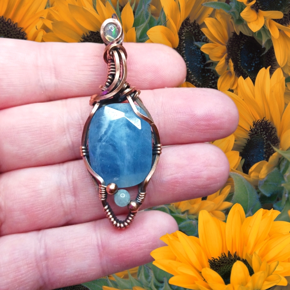 Artisan Copper Wire Wrap Aquamarine with Ethiopian Opal